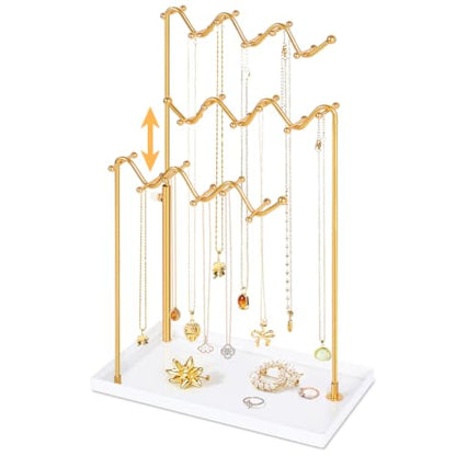 Gold 3-Tier Necklace Holder Organizer Necklace Display Stand with 36 Hooks | Adjustable Jewelry Organizer with Metal Tray, Tall Necklace Tree Rack for for Dresser Small Space, Gift for Women Girl