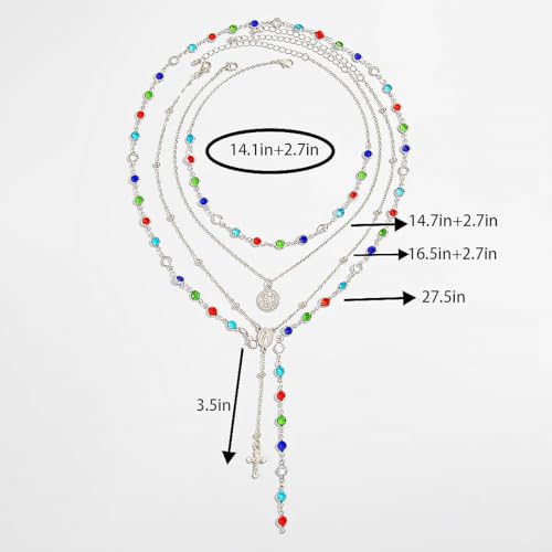 Silvery Layered Necklace for Women, Y Necklace with Cross Pendant, Dainty Stackable Jewelry Gift for Everyday Wear - style: 4PCS - Colorful Chain&Rotundity&Cross Y Bead Chain&Colorful Chain