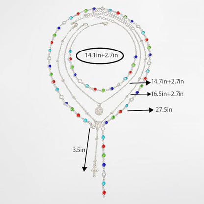 Silvery Layered Necklace for Women, Y Necklace with Cross Pendant, Dainty Stackable Jewelry Gift for Everyday Wear - style: 4PCS - Colorful Chain&Rotundity&Cross Y Bead Chain&Colorful Chain