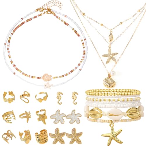 Boho Beach Jewelry Sets for Women | Summer Seashell Starfish Accessories, Necklace, Earrings, Rings Anklet - style: 24pcs Boho Beach Set