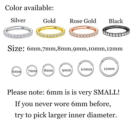CZ Hinged Segment Nose Rings Hoop 316L Surgical Steel Cubic Zirconia Conch Daith Helix Tragus Body Piercing Jewelry Lip Rings Cartilage Earrings 20G 18G 16G Stainless Steel Septum Clicker Ring - color: Silver, size: 16 Gauge 7mm