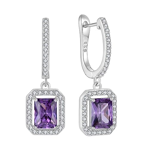 Women's Solitaire Dangle Drop Earrings 925 Sterling Silver Pure Square Huggie Earrings Hoop Dangle Drop Earrings Jewelry Gift - color: 02-amethyst-Feb