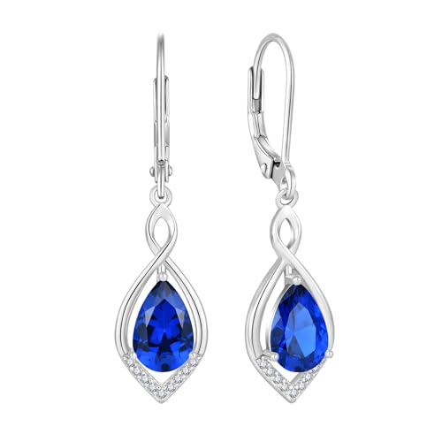Infinity Teardrop Earrings 925 Sterling Silver Dangle Drop Leverback Earrings Birthstone Jewelry for Women - color: Royal Blue