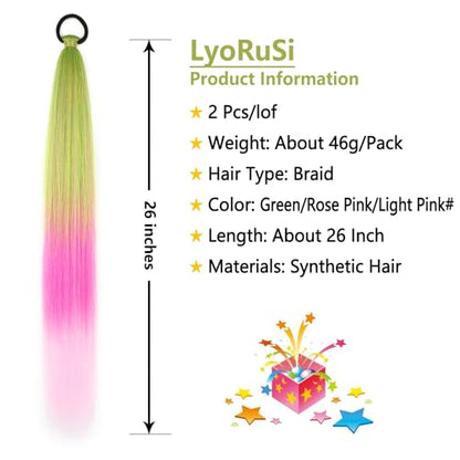 Ponytail Extension with Hair Tie Straight Sleek Wrap Around Braid Ponytail | 2 Pack Braid Ponytail Extension, Green Pink Gradient 26 Inch Braid Extensions for Women (Green/Rose Pink/Light Pink#) - color: Green Pink#, size: 26 Inch（Pack of 2）