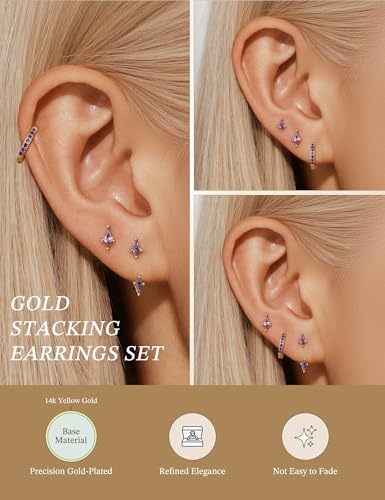 3 Pairs Stackable Kite Stud Earrings Set for Women Trendy | Dainty Birthstone Stud Gold & 925 Sterling Silver Huggie Hoop Jacket Stack Earrings for Women 2026 - color: Gold-Purple Amethyst