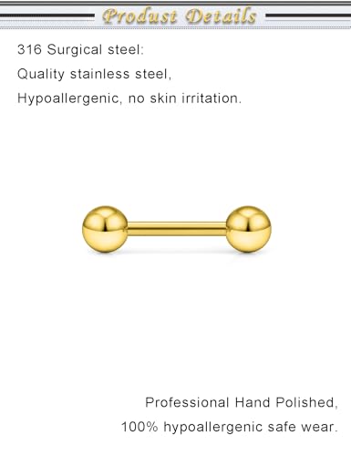 16G 14G Surgical Steel Tongue Rings Nipple Rings Industrial Piercing Jewelry Set Multi Size Straight Barbells 12mm 14mm 16mm 19mm 22mm 28mm 32mm 35mm 38mm 40mm 45mm for Women Men - color: goldtone, size: 14g,bar length 12mm