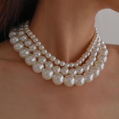 Chunky Pearl Choker Necklace - Stackable Statement Wedding Party Jewelry Gift - size: set