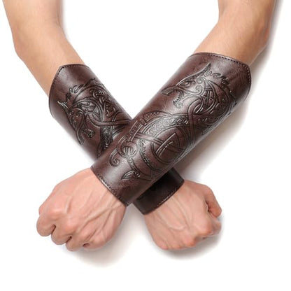 Medieval Leather Bracers Dragon Embossed Viking Leather Bracers Leather Arm Armer Cuff Leather Gauntlet Costumes Accessories - style: Dragon Leather Bracers-dark Brown