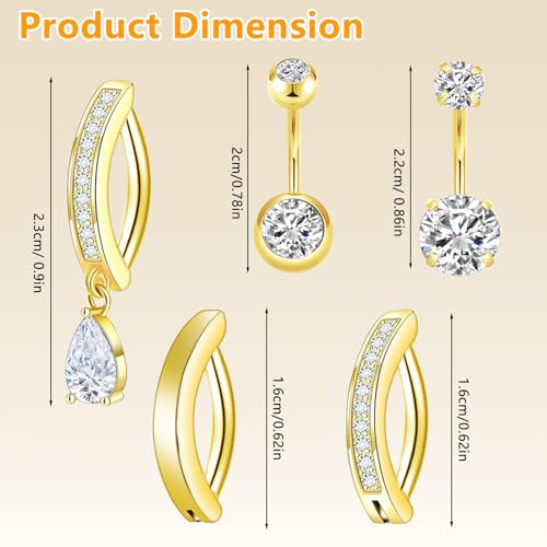 5 Pcs Gold Belly Button Ring, Stainless Steel Dangle Belly Button Piercing, Hypoallergenic Body Dainty Dangling Navel Piercing Jewelry for Women, Cute Small Short Navel Piercings Rings