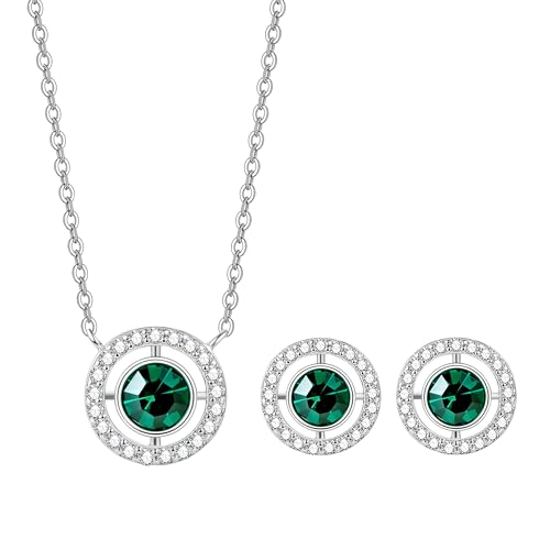 COBI Jewelry Set for Women, 18K Gold & Rhodium Plated CZ Necklace & Earrings, Clover Halo Infinity Solitaire Feather Designs, Dainty Crystal Pendant Sets, Trendy Fashion Gifts for Her - style: Emerald Nano Solitaire