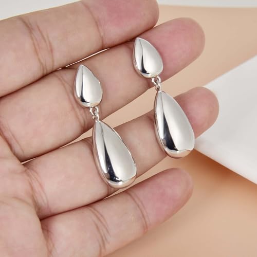 Large Geometric Drop Dangle Earrings for Women Pearl Teardrop Disc Rectangle Oval Fishtail Shell Shaped Textured Dangle Studs Earrings for Women - color: Silver-Polished