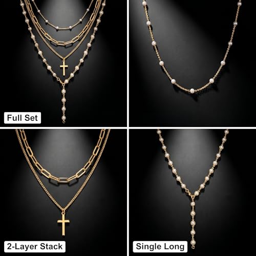 Layered Faux Pearl Necklaces for Women - Dainty Cross Choker Set. Beautiful Stackable Long Chain Jewelry Featuring Boho Pendant Accessories, Vintage Multilayer Drops
