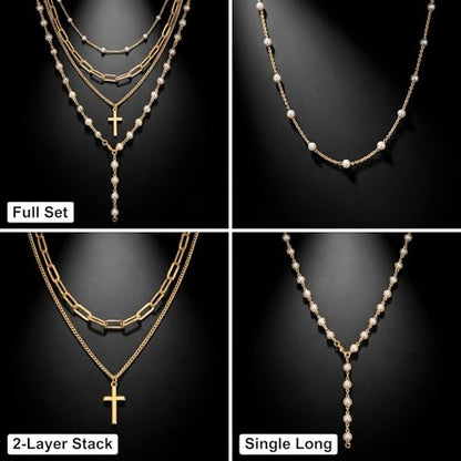 Layered Faux Pearl Necklaces for Women - Dainty Cross Choker Set. Beautiful Stackable Long Chain Jewelry Featuring Boho Pendant Accessories, Vintage Multilayer Drops
