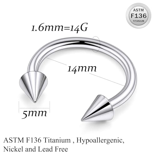 20G 18G 16G 14G 12G Horseshoe Nose Ring Titanium Septum Rings Piercing Jewelry Cartilage Conch Helix Rook Lip Tragus Earring Hoop Eyebrow Retainer For Women Men 6mm 8mm 10mm 12mm 14mm 16mm 19mm - size: Spike: 14G - 14MM
