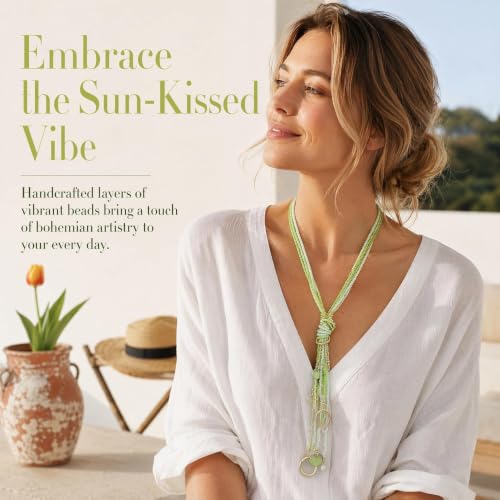 Coiris Long Seed Beaded Multi Strand Necklace,10 Multiple Statement Long Bib Necklace with Tie Knot for Women and Girls Jewelry - color: Jasmine Green