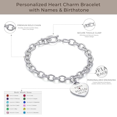 Personalized Name Heart Charm Bracelet for Women | Customized Charm ID Name Bracelet with Custom Birthstone | Customized Jewelry Gift for Her