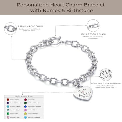 Personalized Name Heart Charm Bracelet for Women | Customized Charm ID Name Bracelet with Custom Birthstone | Customized Jewelry Gift for Her