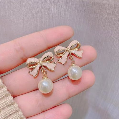 Pearl Bow Earrings for Women Coquette Aesthetic Jewelry Rhinestone Bow Earrings for Bridesmaids Wedding Party Accessories Bridal Costume Accents Bowknot Themed Gifts - color: B1: Pink Bow Pearl Earrings