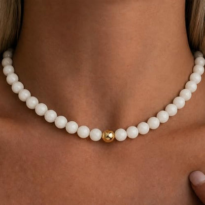 Multicolor Chunky Beaded Necklace, Statement Colorful Round Ball Beads Choker Necklace with Gold-Tone Adjustable Chain, Fashion Bold Neck Jewelry for Women - color: 16mm-Beige-2