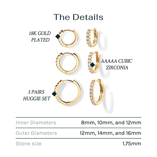 PAVOI Gold Hoop Earrings for Women - 14K Gold Plated 925 Sterling Silver Posts 3 Pairs Hoop Earrings Set for Women - Hypoallergenic Huggie Earring Pack - style: Cubic Zirconia