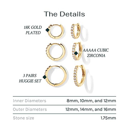 PAVOI Gold Hoop Earrings for Women - 14K Gold Plated 925 Sterling Silver Posts 3 Pairs Hoop Earrings Set for Women - Hypoallergenic Huggie Earring Pack - style: Cubic Zirconia
