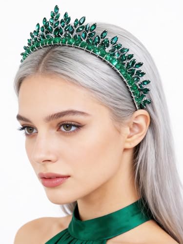 Bridal Rhinestone Headband Wedding Hair Accessories for Women, Pearl Crystal Headband Wedding Costume Headpieces for Brides Princess Quinceanera Christmas Party Prom Birthday(Green) - color: Green