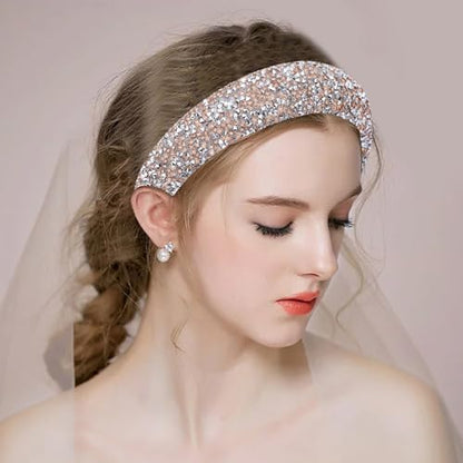 2PCS Rhinestone Wide Headbands for Women Sparkle Padded Headband Fashion Glitter Hairbands Comfort High Elastic Head Band Bling Hair Accessories for Womens Girls Hair