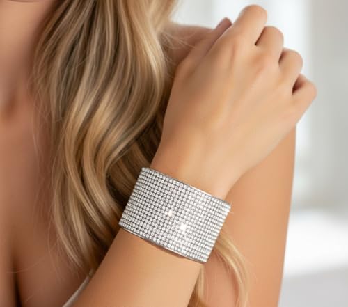 Rhinestone Bracelet Crystal Arm Cuff Bangle Bracelets for Women Adjustable | Open Cuff, Wide Arm Bangle, Stretchable, Hypoallergenic, Bridal Jewelry, for Prom Cocktail Party Wedding Dating - color: Silver