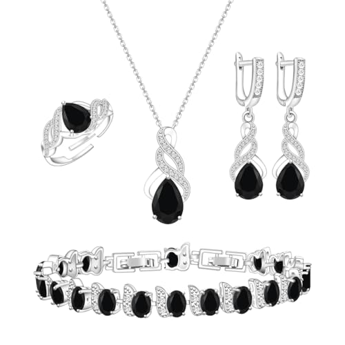 LMXXVJ Jewelry Set for Women,Teardrop Cubic Zirconia Necklace Earrings Adjustable Ring Bracelet Jewelry Set Formal Jewelry Gift - color: MHSD-White Gold-Black