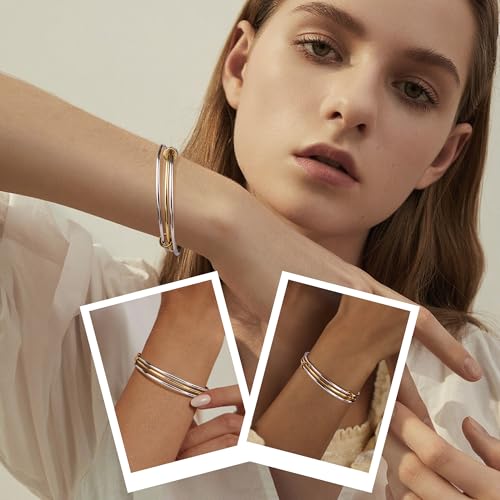 Stackable Bangles Bracelets for Women Two Tone Bracelet Stack | Stainless Steel Non Tarnish Gold and Silver Bracelet Set Mixed Metal Triple Interlocked Bangle Bracelets - size: Small