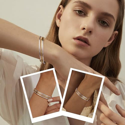Stackable Bangles Bracelets for Women Two Tone Bracelet Stack | Stainless Steel Non Tarnish Gold and Silver Bracelet Set Mixed Metal Triple Interlocked Bangle Bracelets - size: Small
