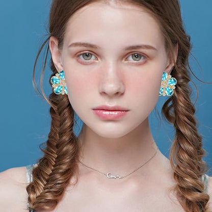 Bohemian Sparkly Crystal Flower Sliver Lightweight Stud Earrings Peach Blossom Rhinestone Floral Dangle Earrings For Women Jewelry Gifts - color: Blue