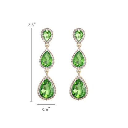 EleQueen Women's Crystal Teardrop Pear Shape 2.5 Inch Long Earrings | Dangle Earrings for Women, TearDrop Crystals Earrings for Bride Bridesmaid, Prom Jewelry for Wedding - color: Light Green Gold-Tone