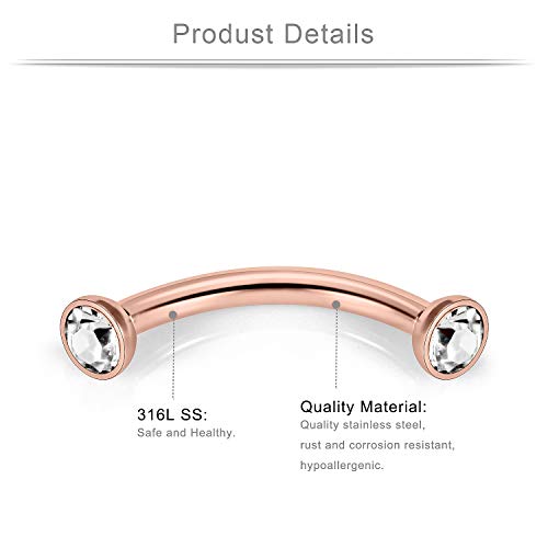 9 Pairs 16G Stainless Steel 3mm Clear CZ Glitter Ball Curved Barbell Eyebrow Tragus Lip Belly Ring Piercing Jewelry 3/8"(10MM) Rose Gold - color: 18PCS - Rose Gold