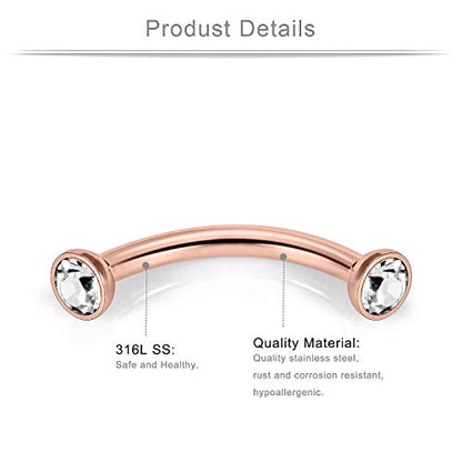 9 Pairs 16G Stainless Steel 3mm Clear CZ Glitter Ball Curved Barbell Eyebrow Tragus Lip Belly Ring Piercing Jewelry 3/8"(10MM) Rose Gold - color: 18PCS - Rose Gold