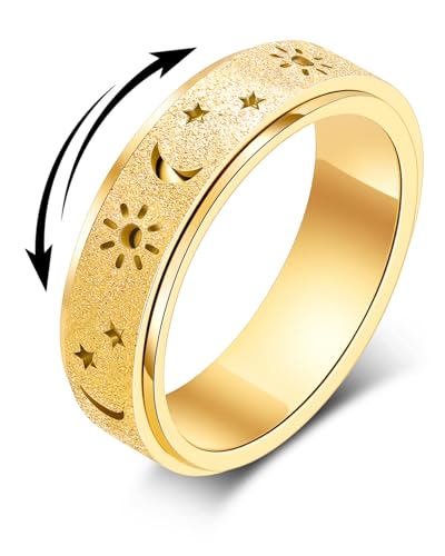 Fidget Toys Adults Anxiety Ring Women Men Stress Relief Band Spinner Sun | Celestial Sun Moon Star Stainless Steel Band Hollowed Sandblasted Surface 6mm Width18K Gold Silver Size 6-10 Unisex - color: Gold, size: Size 9