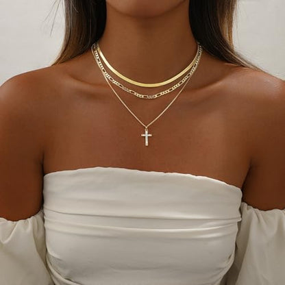 Gold Necklace for Women 14K Gold Plated Layered Cross Bar Necklace Herringbone Figaro Paperclip Flat Chain Cute Charm Accessories Non Tarnish Jewelry Set Gifts for Women - style: R-NK-07-CZ cross-GD