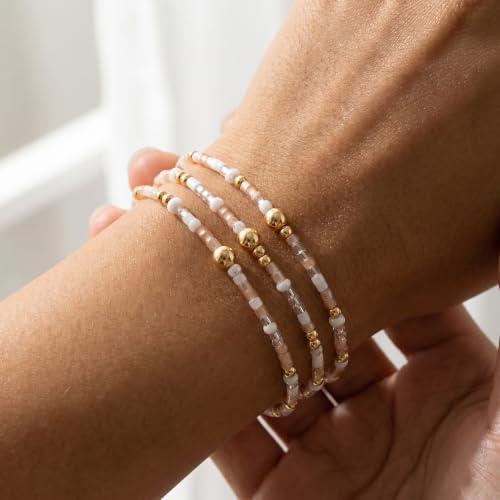 Small Seed Beaded Stack Bracelets Set for Women,Boho Handmade 3Pcs Colorful Glass Gold Stretch Accessories Jewelry, Summer Beach Wear Holiday Friendship Gift - color: Peach