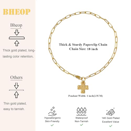 Bheop Chunky Cross Necklace for Women, 14K Gold Silver Statement Necklace | Sturdy Paperclip Chain, Hammered Pendant, Vintage Charm, Trendy Costume Jewelry, Faith Christian Religious Gift, Non Tarnish - style: GD-Cross Necklace(1 inch Pendant)
