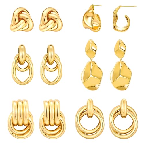 6 Pairs Gold Dangle Earrings for Women, 14K Gold Plated Earrings Geometric Knot Drop Huggie Earrings Trendy Jewelry Gifts - color: B Gold