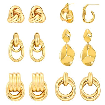 6 Pairs Gold Dangle Earrings for Women, 14K Gold Plated Earrings Geometric Knot Drop Huggie Earrings Trendy Jewelry Gifts - color: B Gold