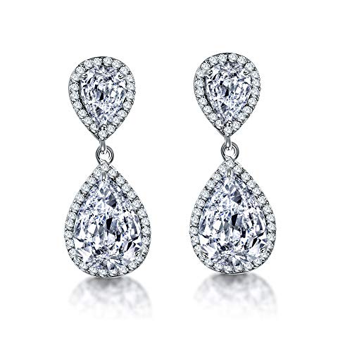 Teardrop Dangle Earrings for Wedding - Sparkly Sterling Silver Cubic Zirconia Crystal Rhinestone Drop Earrings Pierced Austrian Style Hypoallergenic Earrings Womens Bridal Jewelry - style: Double Teardrop (Silver)