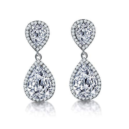 Teardrop Dangle Earrings for Wedding - Sparkly Sterling Silver Cubic Zirconia Crystal Rhinestone Drop Earrings Pierced Austrian Style Hypoallergenic Earrings Womens Bridal Jewelry - style: Double Teardrop (Silver)