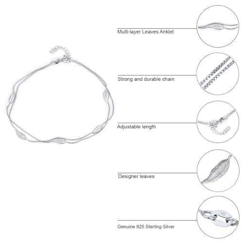 Vanbelle Genuine Sterling Silver Jewelry - Rhodium Plated with 925 Stamp - Designer Leaf Anklet - Elegant handcrafted Double layered Chain Anklet for Women - 9" long + 1" extender