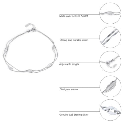 Vanbelle Genuine Sterling Silver Jewelry - Rhodium Plated with 925 Stamp - Designer Leaf Anklet - Elegant handcrafted Double layered Chain Anklet for Women - 9" long + 1" extender