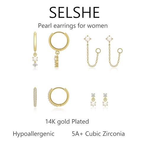 Gold Plated Earrings for Women, 14k Gold Plated Earring Stack Hypoallergenic Pearl Drop Earring Dainty Earrings for Women Trendy Cute Small Huggie Hoop Earring Fashion Womens Jewelry - color: SET2