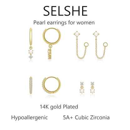 Gold Plated Earrings for Women, 14k Gold Plated Earring Stack Hypoallergenic Pearl Drop Earring Dainty Earrings for Women Trendy Cute Small Huggie Hoop Earring Fashion Womens Jewelry - color: SET2