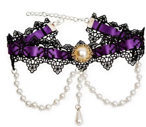 Black Lace Choker Necklace Vintage Pearl Necklaces Gothic Victorian Lolita Costume Necklaces for Women White Lace Choker for Bridal Wedding - color: Purple