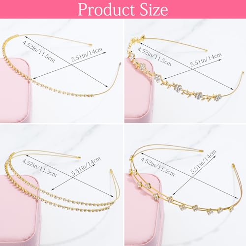 Bremorou 4 Pcs Girls Gold Headband Bridal Headband Crystal Flower Prom Headpiece Flower Leaf Tiara Crown Head Band Wedding Hair Accessories for Women Festival Gifts 5.51× 4.52 Inch