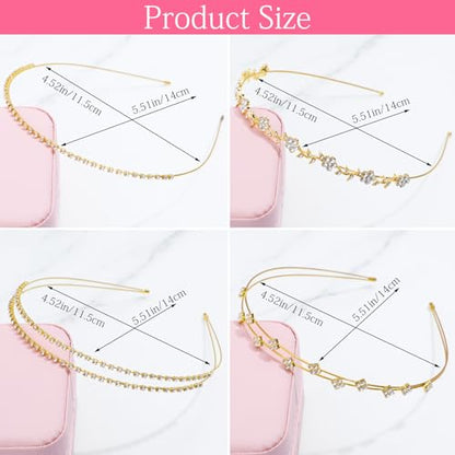 Bremorou 4 Pcs Girls Gold Headband Bridal Headband Crystal Flower Prom Headpiece Flower Leaf Tiara Crown Head Band Wedding Hair Accessories for Women Festival Gifts 5.51× 4.52 Inch